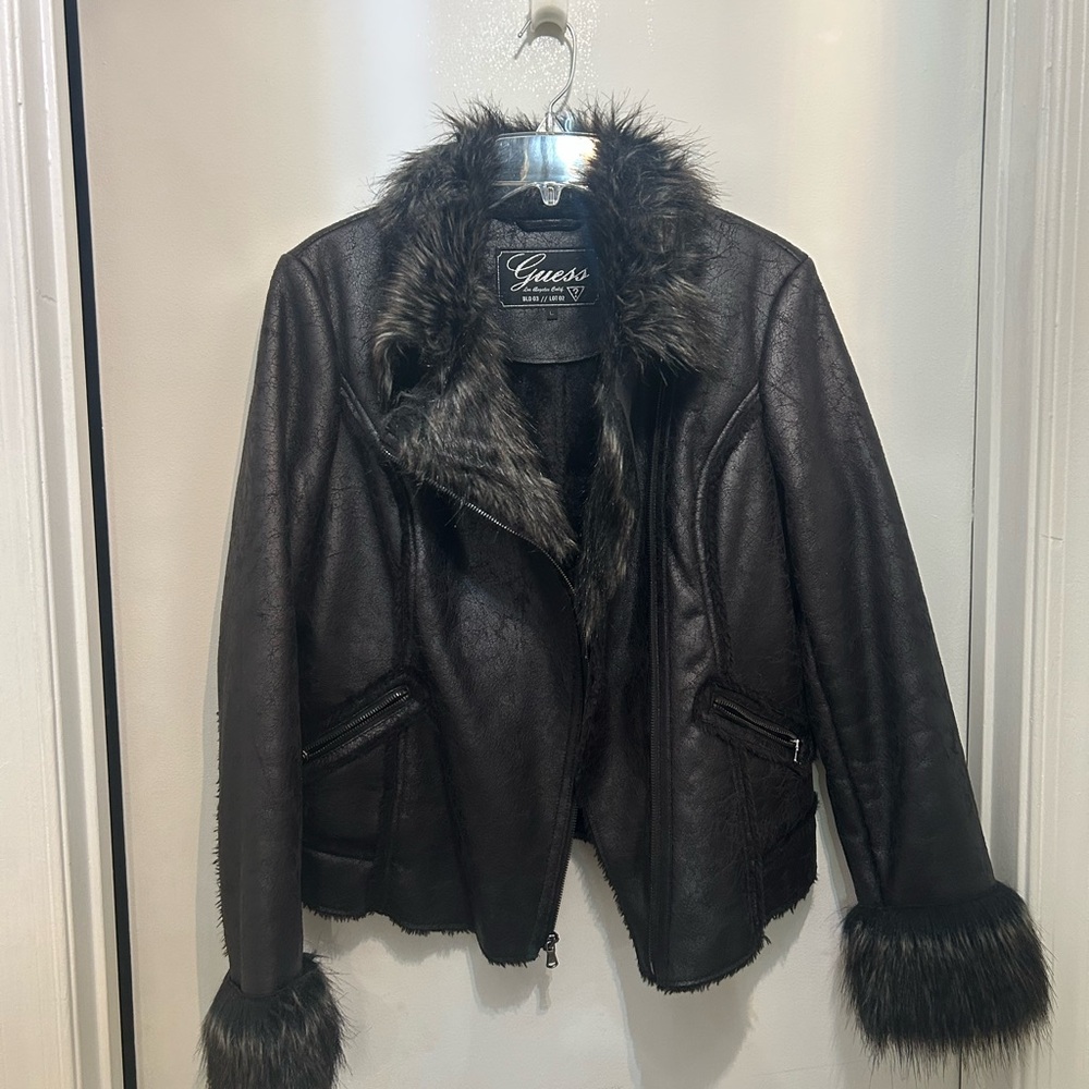Guess Dark Brown Leather Jacket with Faux Fur Trim